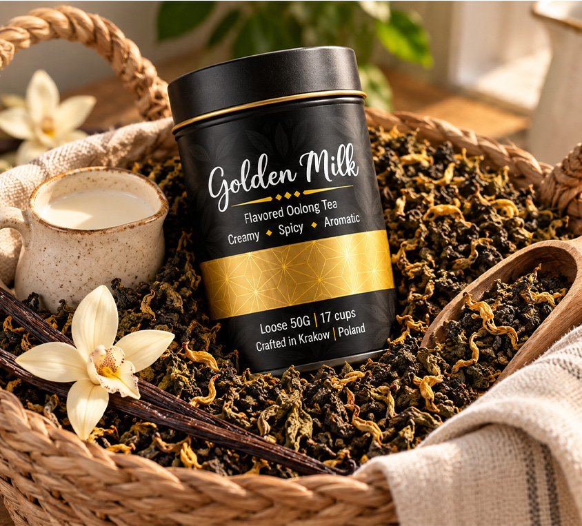 Golden Milk Oolong Leo Tea – liściasta herbata oolong w dekoracyjnej metalowej puszce 50g